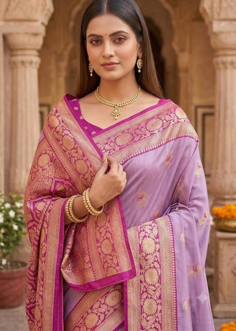 Light levender color silk blend zari woven work sari -un stitched blouse