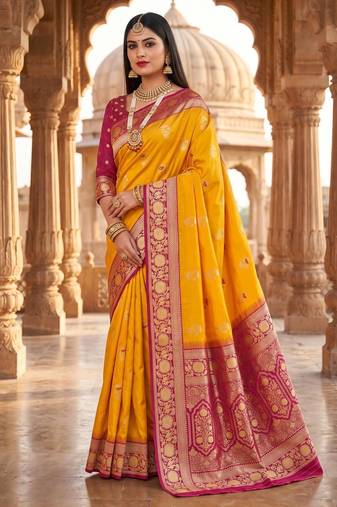 Yellow color silk blend zari woven work sari -un stitched blouse