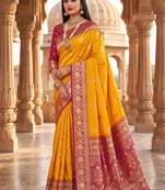Yellow color silk blend zari woven work sari -un stitched blouse