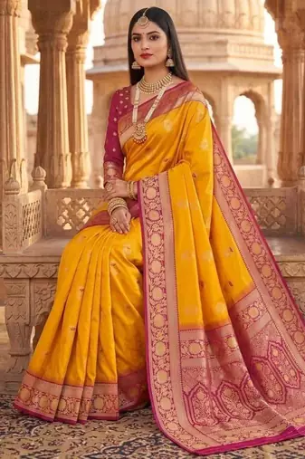 Yellow color silk blend zari woven work sari -un stitched blouse
