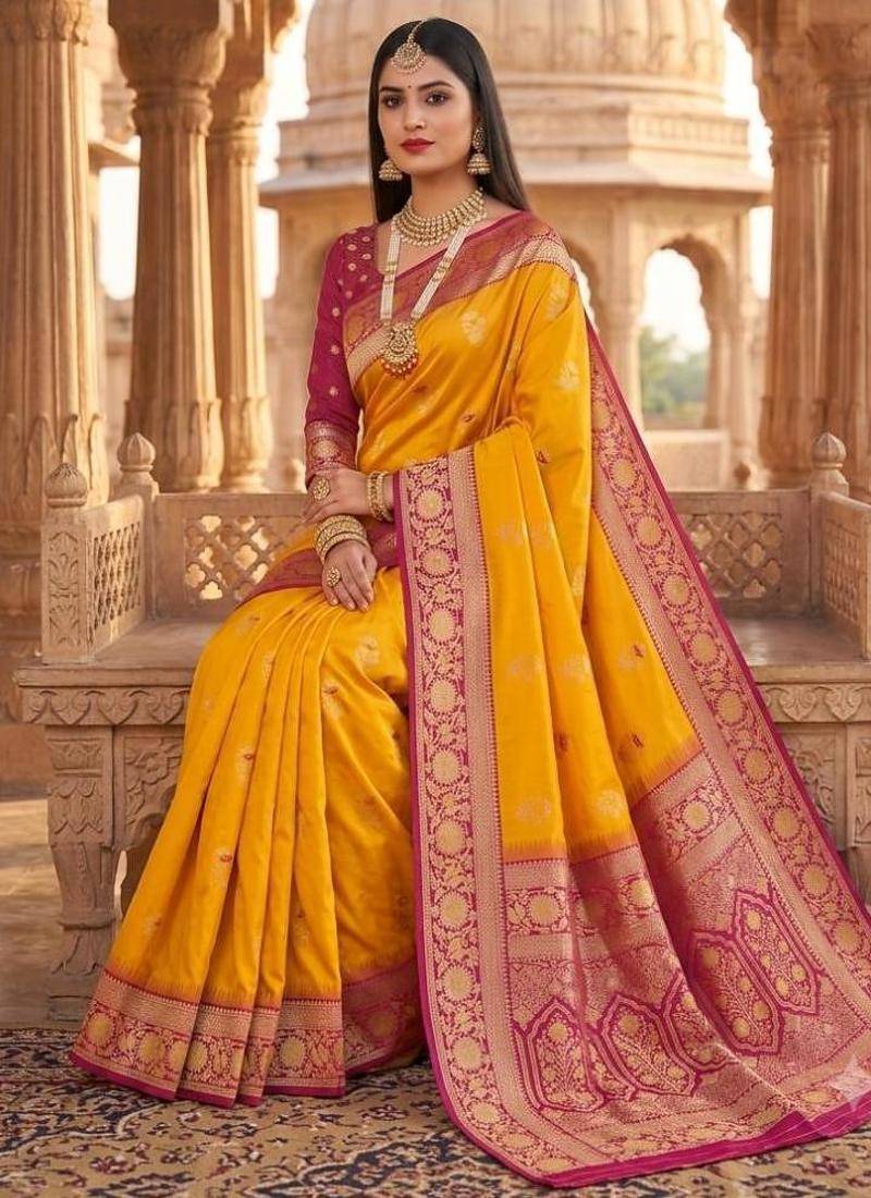 Yellow color silk blend zari woven work sari -un stitched blouse