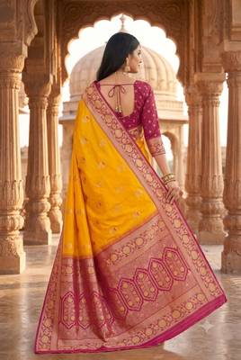 Yellow color silk blend zari woven work sari -un stitched blouse 3