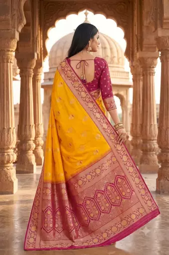 Yellow color silk blend zari woven work sari -un stitched blouse