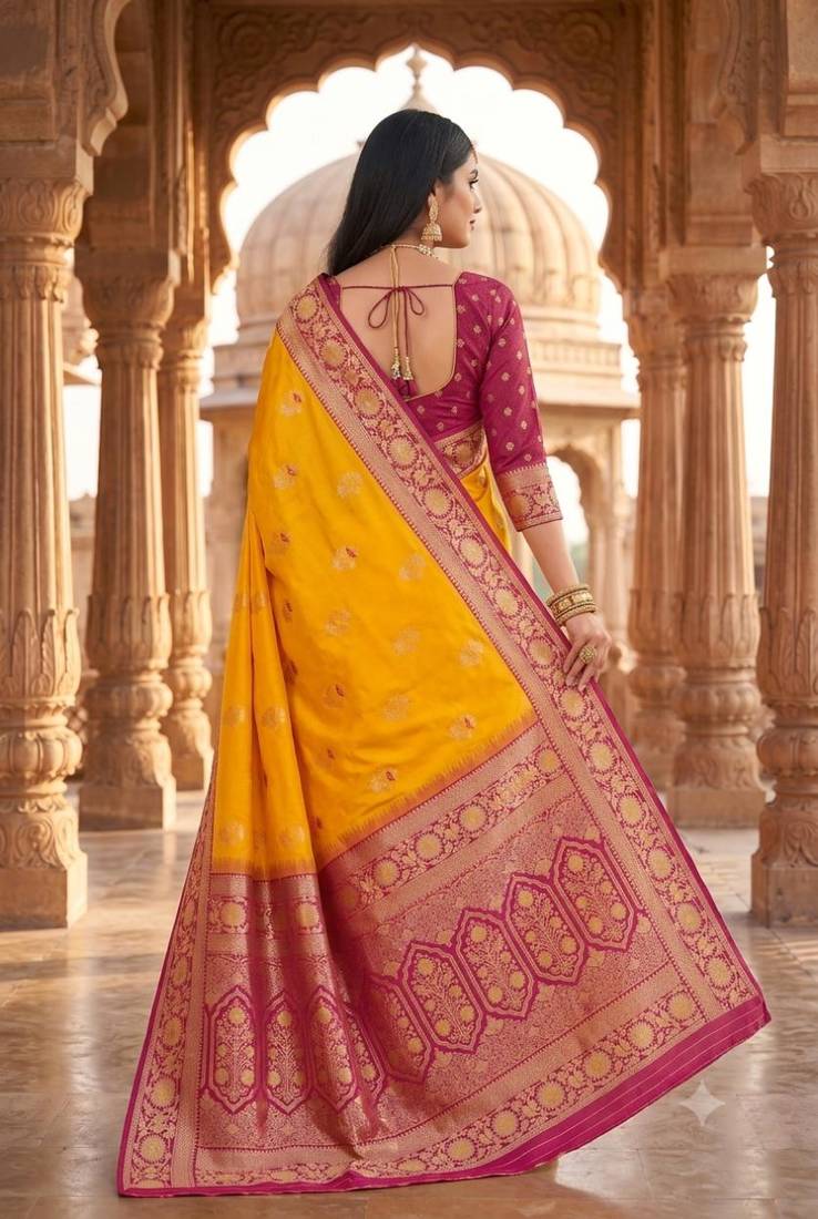 Yellow color silk blend zari woven work sari -un stitched blouse