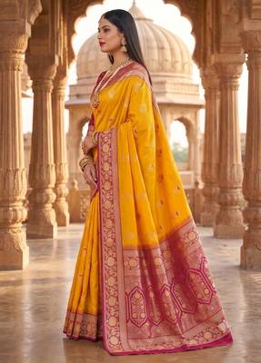 Yellow color silk blend zari woven work sari -un stitched blouse 4