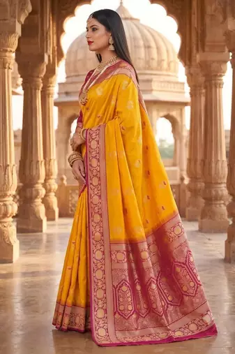 Yellow color silk blend zari woven work sari -un stitched blouse