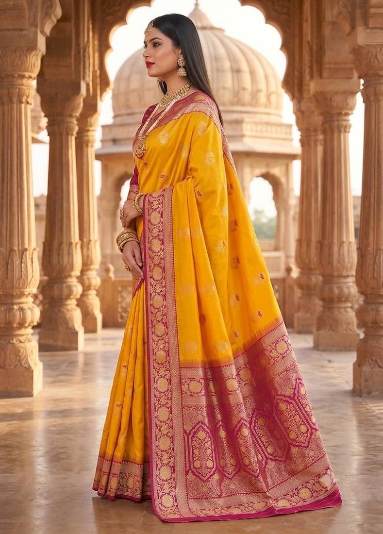 Yellow color silk blend zari woven work sari -un stitched blouse