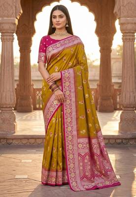 Light mustard color silk blend zari woven work sari -un stitched blouse 1