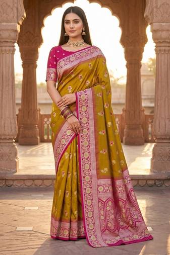 Light mustard color silk blend zari woven work sari -un stitched blouse