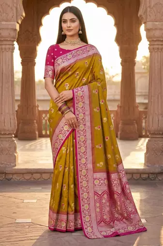 Light mustard color silk blend zari woven work sari -un stitched blouse