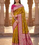 Light mustard color silk blend zari woven work sari -un stitched blouse