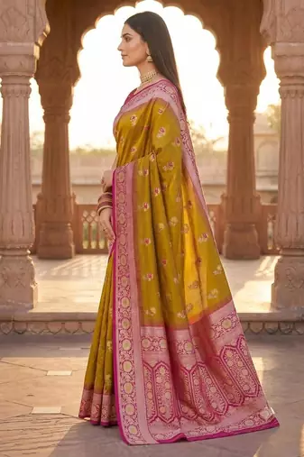 Light mustard color silk blend zari woven work sari -un stitched blouse