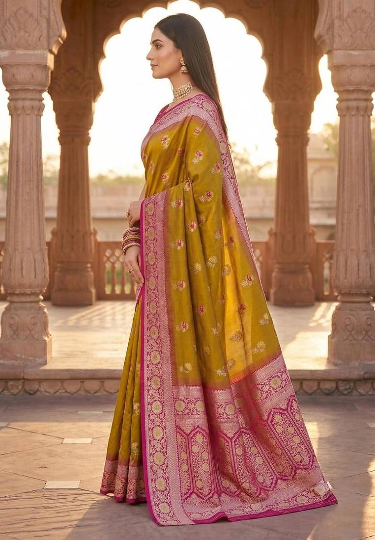 Light mustard color silk blend zari woven work sari -un stitched blouse