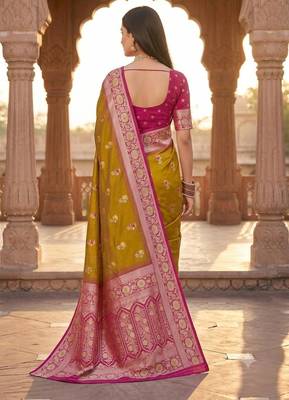Light mustard color silk blend zari woven work sari -un stitched blouse 3