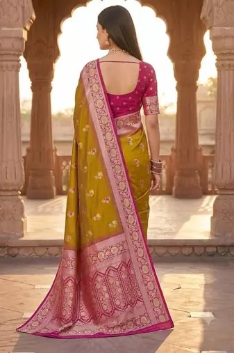 Light mustard color silk blend zari woven work sari -un stitched blouse