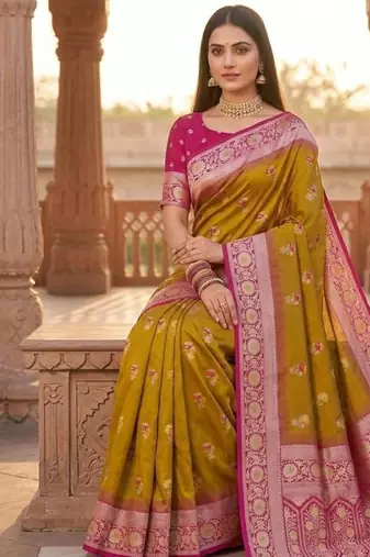 Light mustard color silk blend zari woven work sari -un stitched blouse