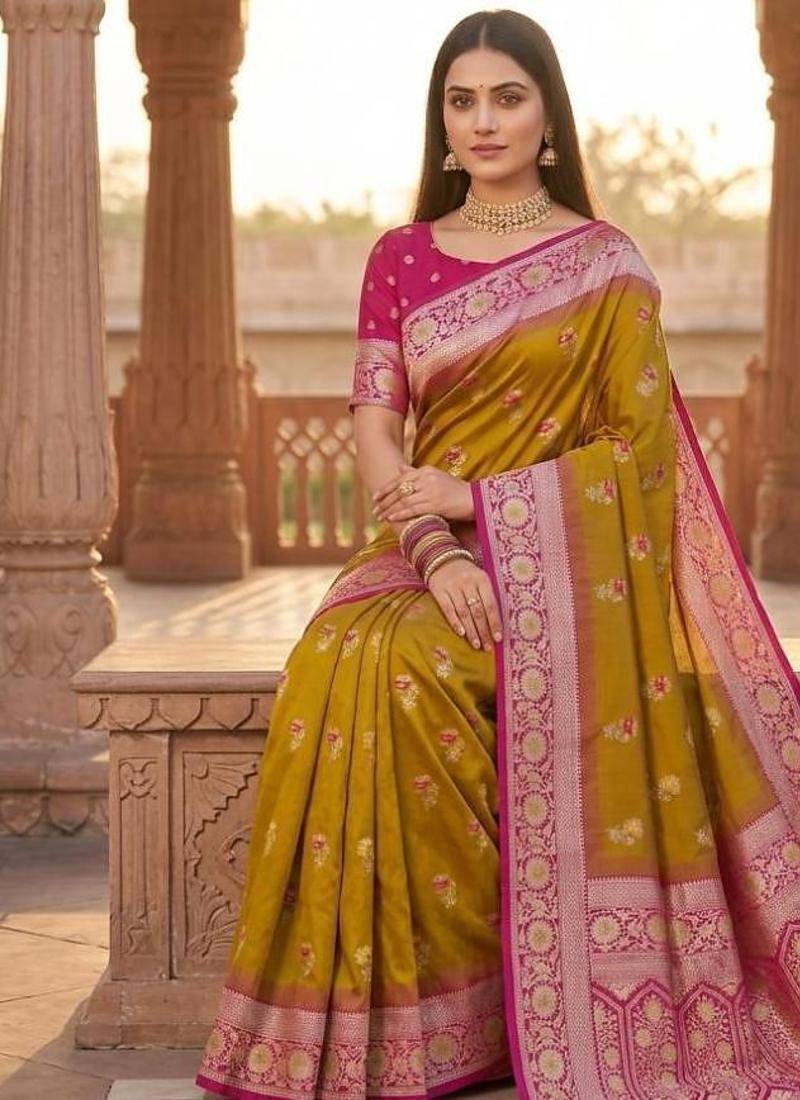 Light mustard color silk blend zari woven work sari -un stitched blouse