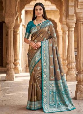 Light grey color silk blend zari woven work sari -un stitched blouse 1
