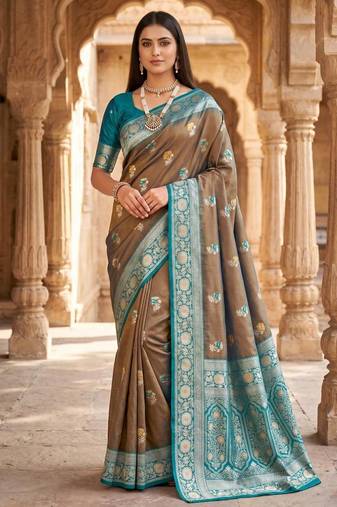 Light grey color silk blend zari woven work sari -un stitched blouse