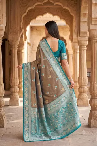 Light grey color silk blend zari woven work sari -un stitched blouse