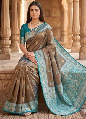 Light grey color silk blend zari woven work sari -un stitched blouse 3