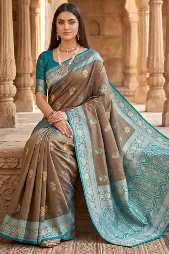 Light grey color silk blend zari woven work sari -un stitched blouse