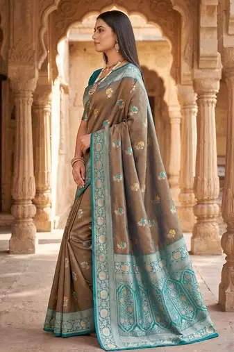 Light grey color silk blend zari woven work sari -un stitched blouse