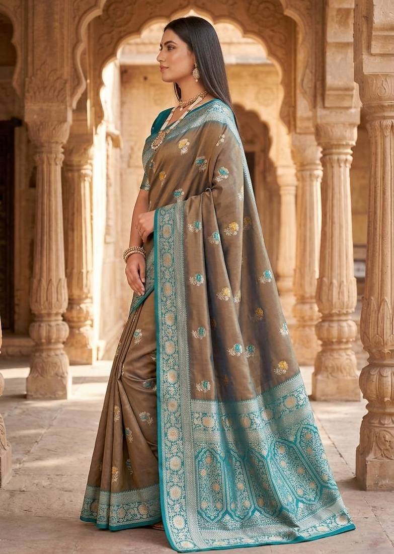 Light grey color silk blend zari woven work sari -un stitched blouse