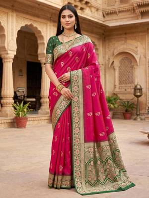 Rani pink color silk blend zari woven work sari -un stitched blouse 1
