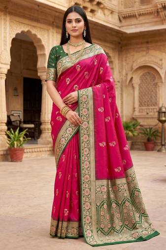 Rani pink color silk blend zari woven work sari -un stitched blouse