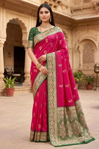 Rani pink color silk blend zari woven work sari -un stitched blouse