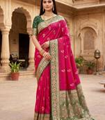 Rani pink color silk blend zari woven work sari -un stitched blouse