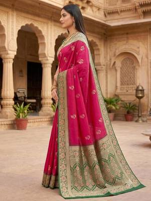 Rani pink color silk blend zari woven work sari -un stitched blouse 2