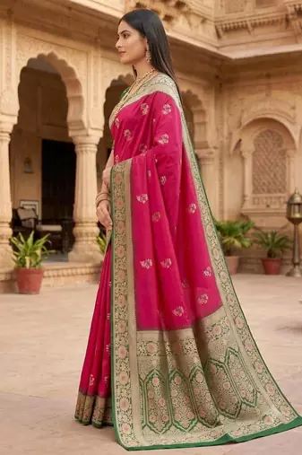 Rani pink color silk blend zari woven work sari -un stitched blouse