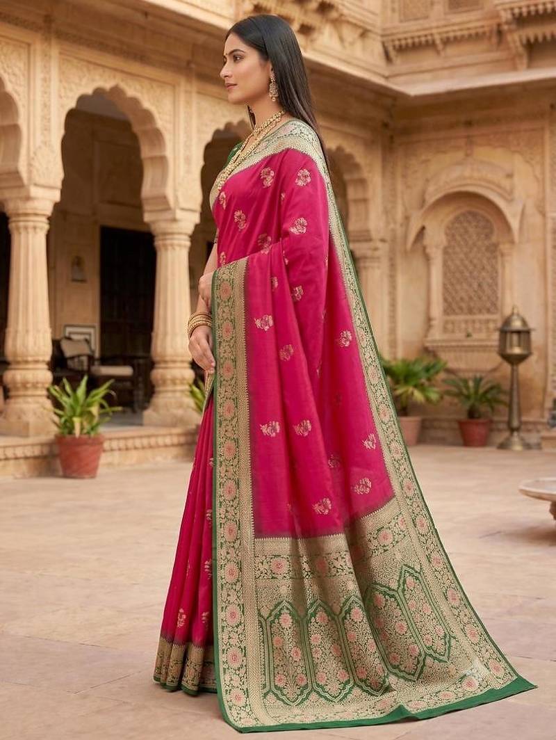 Rani pink color silk blend zari woven work sari -un stitched blouse