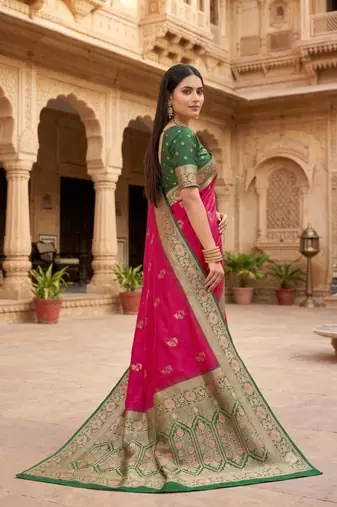 Rani pink color silk blend zari woven work sari -un stitched blouse