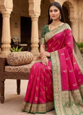 Rani pink color silk blend zari woven work sari -un stitched blouse 4