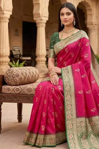 Rani pink color silk blend zari woven work sari -un stitched blouse