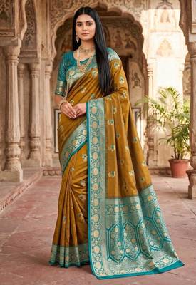 Light mehendi color silk blend zari woven work sari -un stitched blouse 1