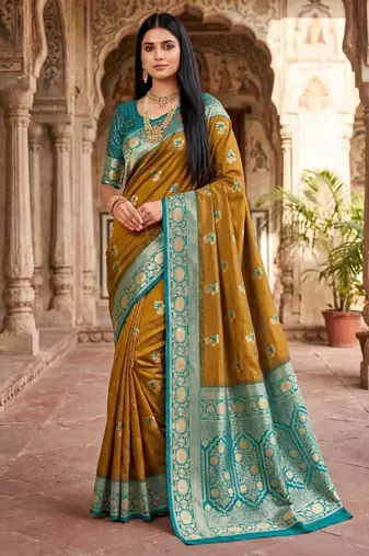Light mehendi color silk blend zari woven work sari -un stitched blouse