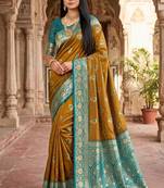 Light mehendi color silk blend zari woven work sari -un stitched blouse