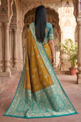 Light mehendi color silk blend zari woven work sari -un stitched blouse 2