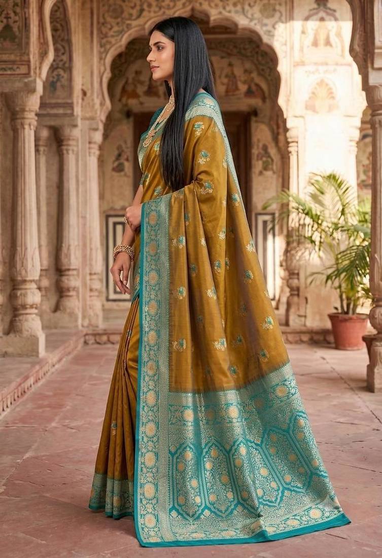 Light mehendi color silk blend zari woven work sari -un stitched blouse