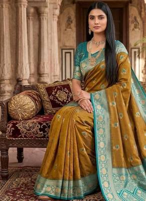 Light mehendi color silk blend zari woven work sari -un stitched blouse 4