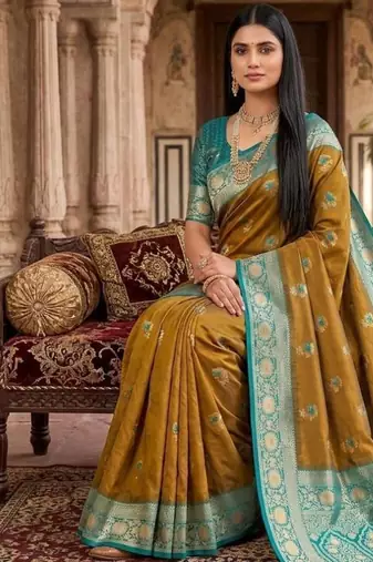 Light mehendi color silk blend zari woven work sari -un stitched blouse