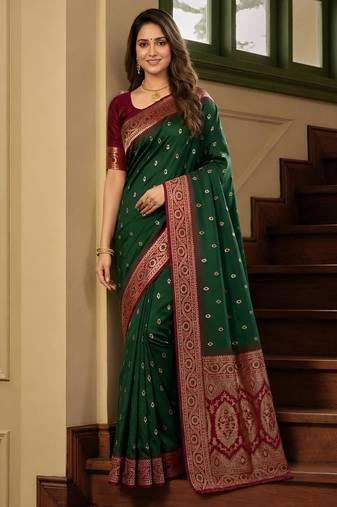 Green color silk blend zari woven work sari -un stitched blouse