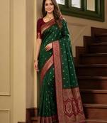 Green color silk blend zari woven work sari -un stitched blouse