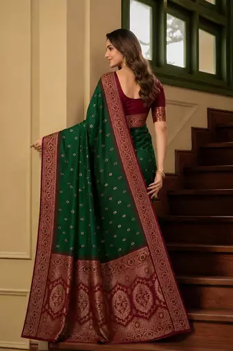 Green color silk blend zari woven work sari -un stitched blouse