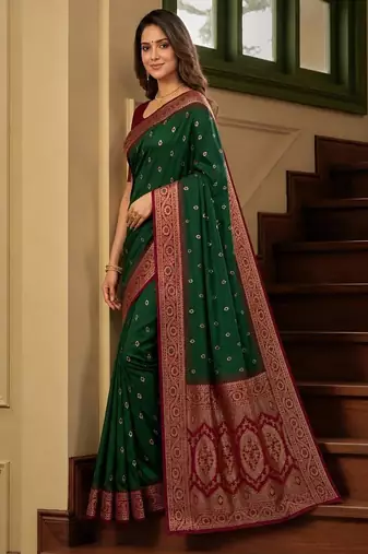 Green color silk blend zari woven work sari -un stitched blouse