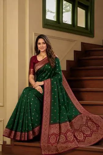 Green color silk blend zari woven work sari -un stitched blouse